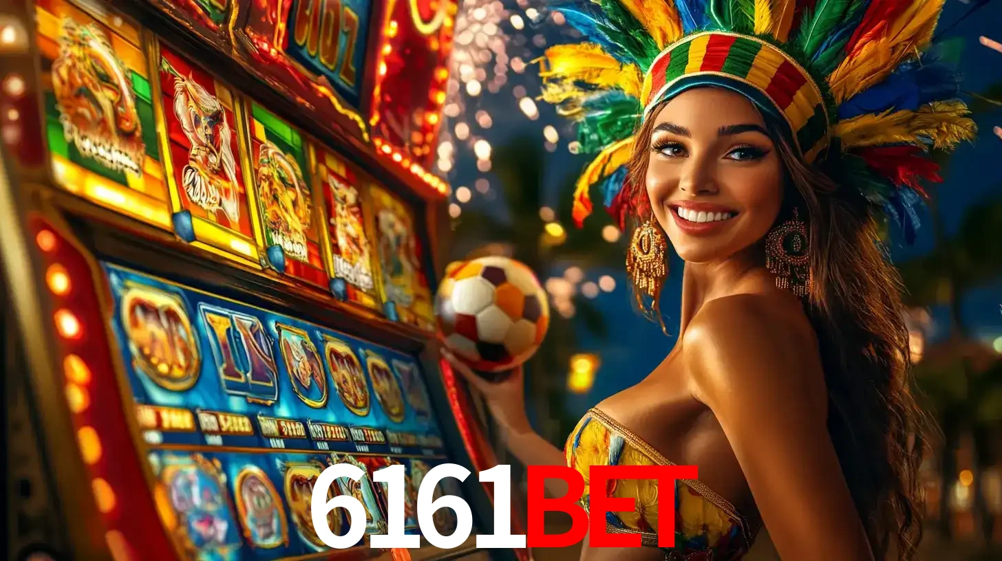 Mulher com um cocar de carnaval ao lado de uma máquina de caça-níqueis enquanto segura uma bola de futebol, mostrando a união da diversão de cassino e esportes no 6161BET.