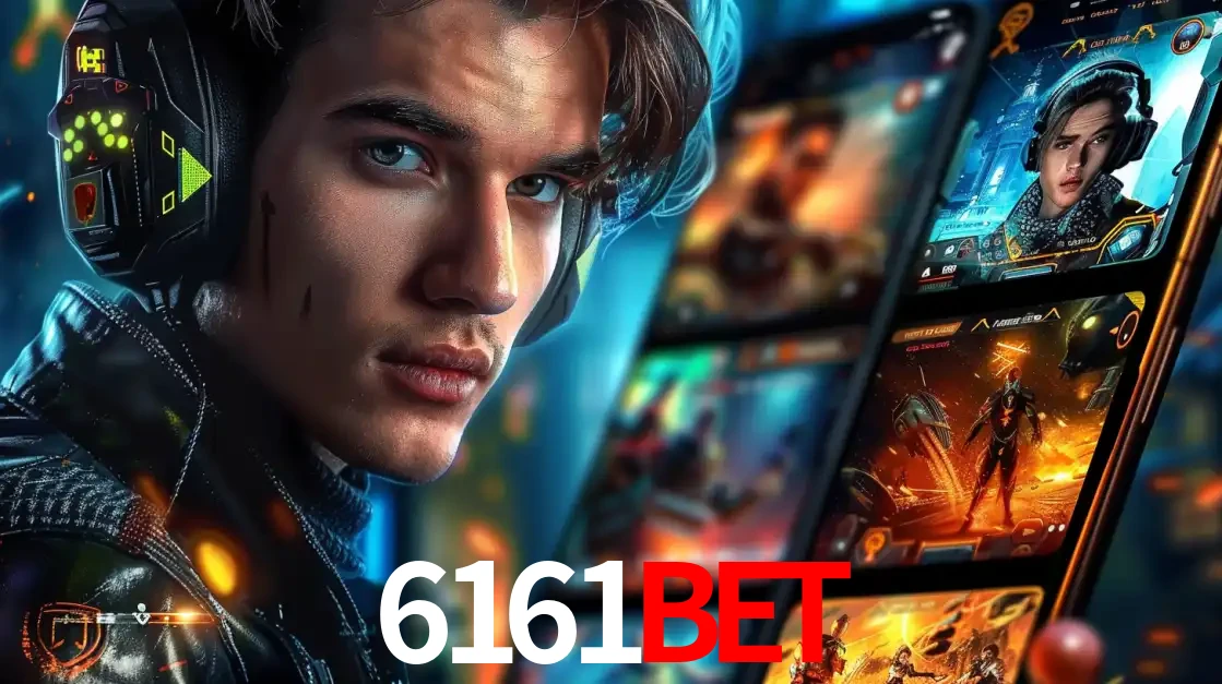 Jovem jogador com fones de ouvido olhando para a câmera, com um aplicativo de jogos e e-sports para celular ao fundo, pronto para a competição e apostas no 6161BET.