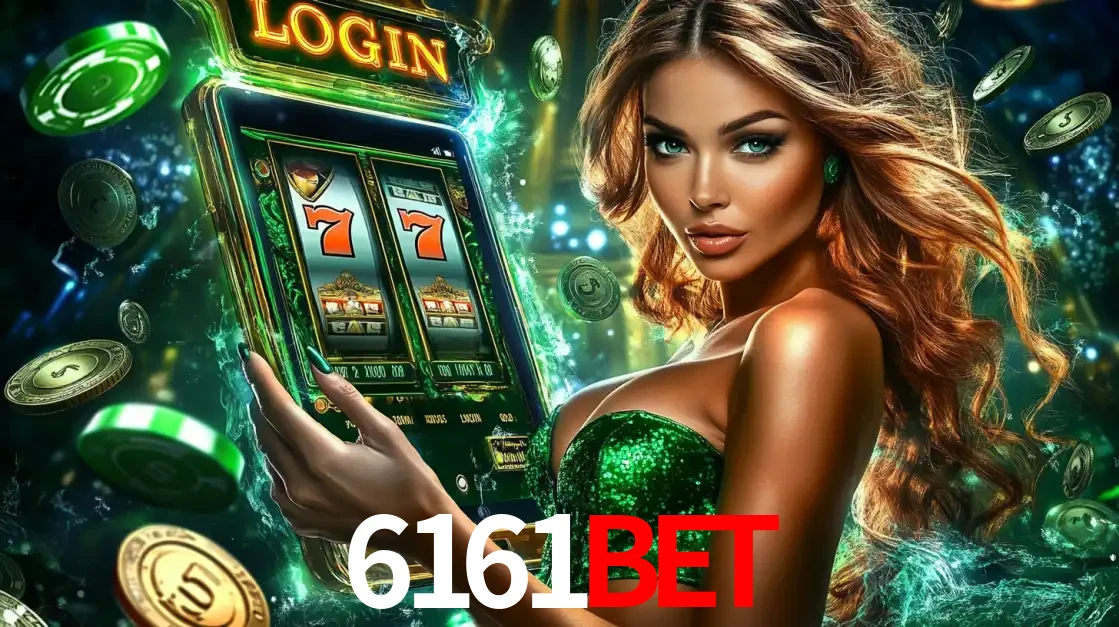 Mulher com tema verde apresentando o aplicativo do cassino 6161BET com um jogo de slot de 777, cercada por fichas de cassino e uma aura de sorte.