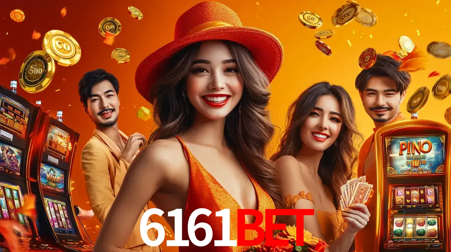Grupo de amigos asiáticos sorrindo e se divertindo com máquinas de caça-níqueis em um ambiente festivo, celebrando suas vitórias nos jogos de cassino do 6161BET.