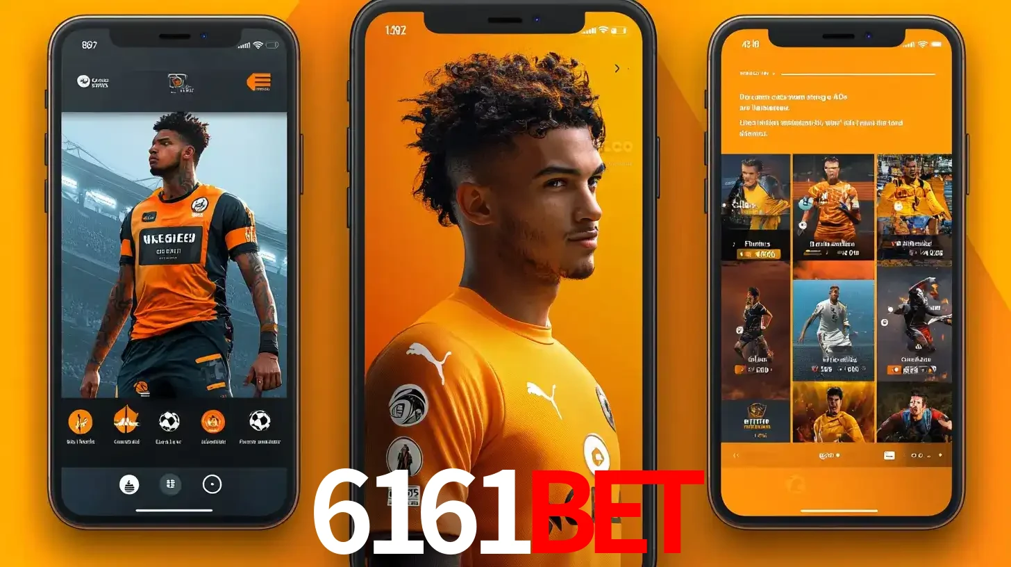 Interface do aplicativo de apostas esportivas 6161BET em três telas de celular, mostrando o perfil de um jogador de futebol e a lista de jogos disponíveis para apostar.