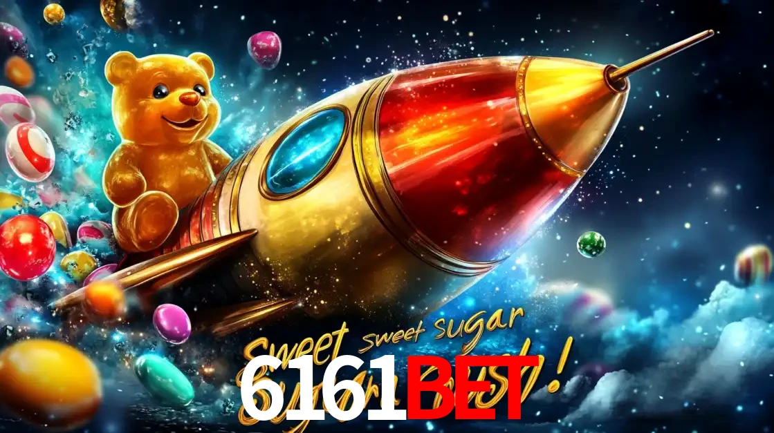Arte promocional do jogo de slot Sugar Rush, com um urso de pelúcia em um foguete viajando pelo espaço de doces, um dos jogos divertidos disponíveis no cassino 6161BET.