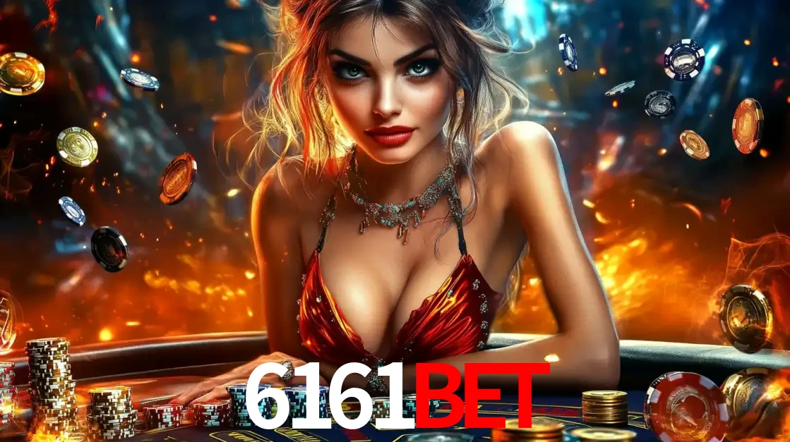 Mulher em uma mesa de cassino com pilhas de fichas e um fundo de fogo, pronta para uma rodada de altas apostas nos jogos de mesa emocionantes do cassino 6161BET.