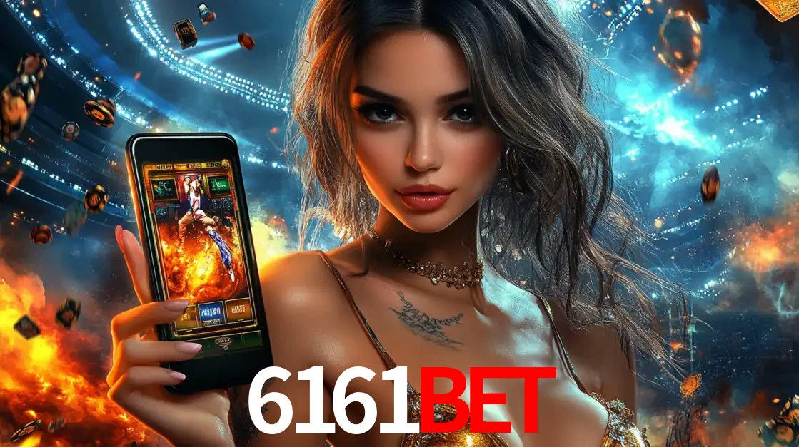 Mulher segurando um celular com um jogo de slot em destaque, tendo como fundo um estádio vibrante, simbolizando a emoção de jogar no cassino móvel 6161BET.