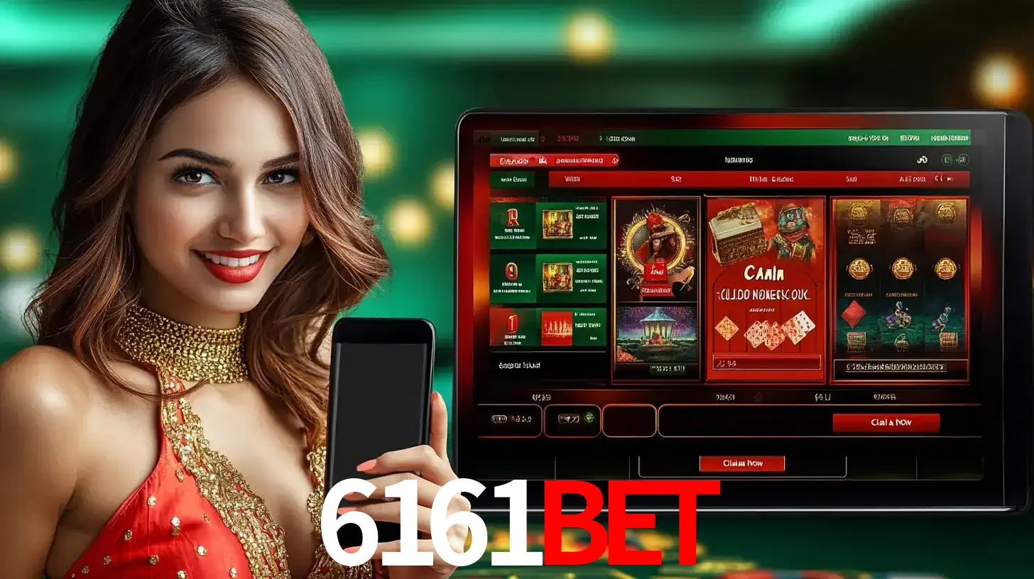 Mulher sorridente segurando um smartphone, ao lado de uma tela exibindo o lobby de jogos do cassino online 6161BET, com várias opções de jogos de cartas e slots.